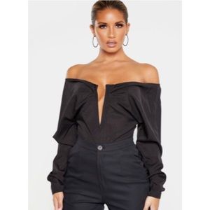 Black Woven V Wire Ruched Bardot Bodysuit